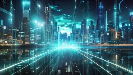 Poster - abstract technology background with glowing lines and cityscape. 3d rendering, a futuristic urban ci