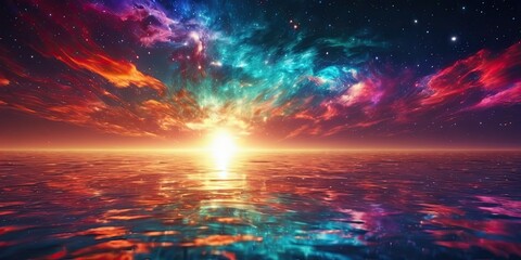 Wall Mural - Colorful cosmic universe and beautiful sky sunset. Ocean reflection. Web banner design