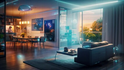 Sticker - Interior of modern living room with white walls, wooden floor, blue hologram screens, A smart home interior connected with an internet connection, digital technology hologram, AI Generated