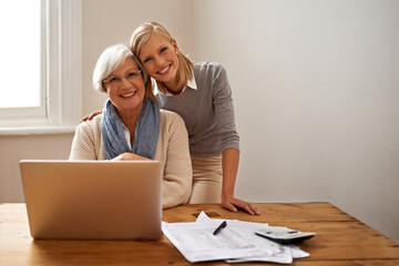 Wall Mural - Grandmother, happy daughter and help with finance, budget and investment of money. Planning, tax and laptop for retirement and expenses, calculating and caring for pensioner or senior citizen