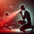 Human silhouette sneezing badly with nose and ejecta glowing red, bacteria germs floating outside the silhouette , medical healthcare concept