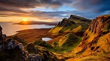 Fototapeta Góry - Golden Hour Glow: Majestic Sunset over Quiraing Mountains, Isle of Skye, Scotland | Canon RF 50mm f/1.2L USM