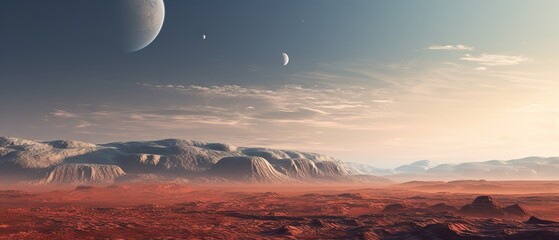 Wall Mural - Rugged Martian Terrain with Giant Moon on Horizon - Space Exploration Background