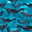 Abstract background whales in space. Watercolor multicolored pattern of celestial creatures textures.
