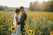 A bride and groom stand together in a field of vibrant sunflowers, surrounded by tall stalks and bright yellow blossoms, Rustic sunflower-themed wedding in a field, AI Generated