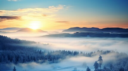 Wall Mural - Foggy Winter Wonderland: Canon RF 50mm Captures Snowy Landscape in Serene Ambiance