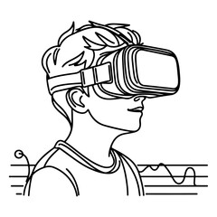 Wall Mural - single continuous drawing black line art linear boy using virtual reality headset simulator glasses to learn new technology