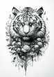 Sketch Tiger with flower tattoos design on white background