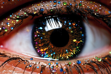 close view of woman's eye with decorative art makeup on her face