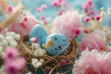 Wall Mural - Easter card with painted Easter eggs in nest on wooden table with blossom flowers. free space