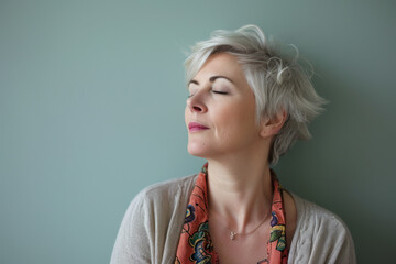 Wall Mural - Serene middle-aged woman enjoying moment of tranquility. Inner peace and relaxation.