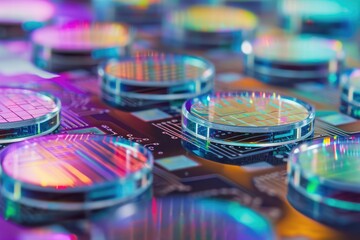 Wall Mural - A close-up view of a multitude of electronic components spread out on a table, Silicon wafers with printed circuit board, AI Generated