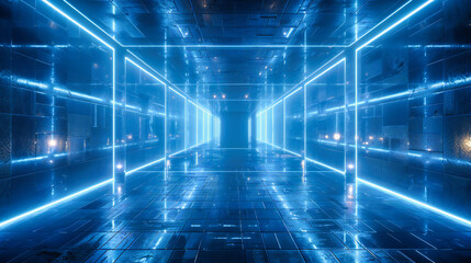 Poster - bright futuristic room, neon blue design, modern technology and science concept, abstract illuminate