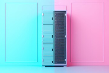 Poster - A server is positioned in front of a brightly colored pink and blue wall in a secure data center, Simplistic server rack on a pastel background, AI Generated