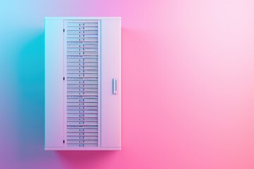 Wall Mural - A computer tower is placed on top of a vibrant pink and blue background, Simplistic server rack on a pastel background, AI Generated