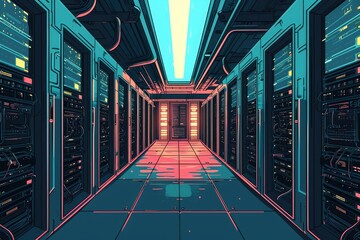 Poster - a long hallway in a data center showcasing multiple rows of servers, single-color depiction of a tec