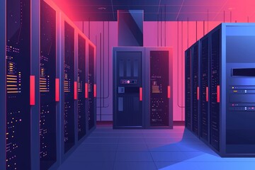 Aufkleber - multiple servers lined up in a well-organized row inside a busy data center, single-color depiction 