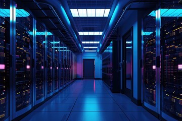 Canvas Print - A photograph of a long hallway filled with neatly organized rows of servers in a data center, Single-color depiction of a tech server room, AI Generated