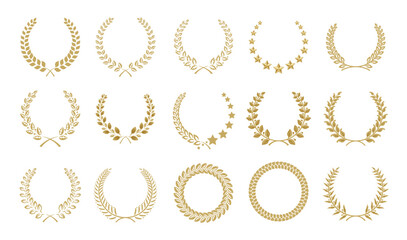 Wall Mural - Golden champion laurel wreaths flat color illustration set. Victory trophy garland element icons on white background. Success in business emblems