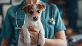 Fototapeta  - a vet holds a cute little puppy in her hands gently, providing tender care and comfort
