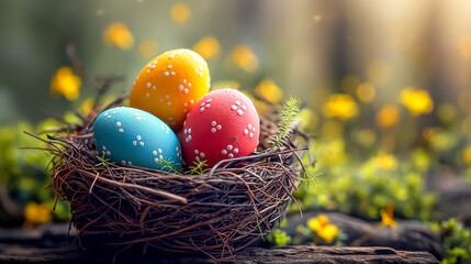 Wall Mural - Easter card with painted Easter eggs in nest on wooden table with blossom branch. free space