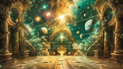 Wall Mural - A pyramid of wisdom, surrounded by planets. Eternal temple of wisdom, esoteric, hermetic and cabal fantasy concept.