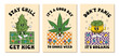 Collection of groovy retro marijuana, weed, cannabis, greender and bud posters. Cannabis culture. Set of posters with psychedelic drug characters. 70s, 80s, 90s hippie vibe.