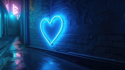 Wall Mural - In the darkness, a blue neon heart shines brightly with its glowing light, a beacon of love and hope