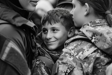 Sticker - A group of lively young children standing next to each other, smiling and looking towards the camera, Soldiers returning home and being welcomed joyously by their family, AI Generated