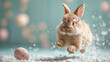 Cute bunny jumping and single easter egg. Concept and idea of happy easter day. space for text