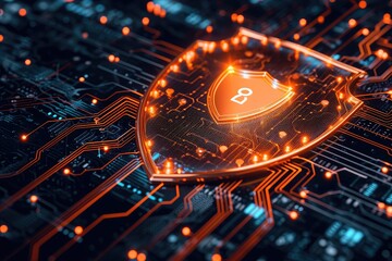 Poster - A computer chip with a shield on top, providing protection and ensuring secure data processing, Sparse representation of a cyber security shield, AI Generated