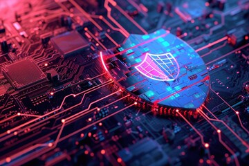 Poster - A computer chip with a protective shield placed on top, safeguarding the chips delicate components, Sparse representation of a cyber security shield, AI Generated