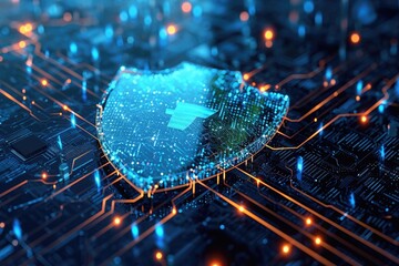 Poster - A close-up photo of a computer chip featuring a miniature, cheerful face on top of it, Sparse representation of a cyber security shield, AI Generated