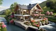 a modern look beautiful small house, along a river,  Wide balcony over river slate roof, waterfall nearby, surrounded by beautiful flowers, outdoor sitting place near river.