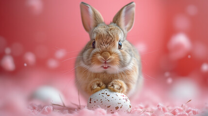 Wall Mural - Cute bunny and single easter egg on pink background. Concept of happy easter day. space for text