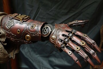 Poster - This close-up photo captures the intricate details of a persons hand adorned with a mechanical glove, Steam punk styled artificial limb, AI Generated