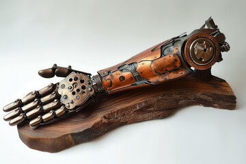 Poster - A sculpture depicting a human hand firmly grasping a mechanical device against a neutral background, Steam punk styled artificial limb, AI Generated