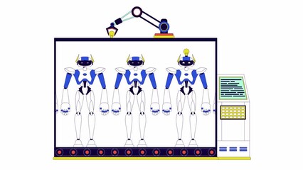 Poster - Cyborg manufacturing plant line 2D object animation. Robots on automated conveyor flat color cartoon 4K video, alpha channel. Artificial intelligence in industry animated machine on white background