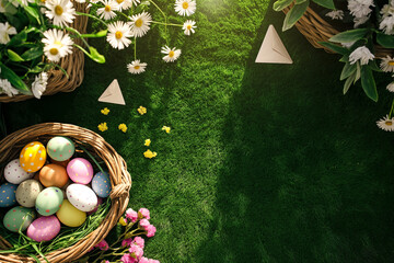 Wall Mural - Plenty of colored easter eggs and envelopes in green meadow for Easter hunt. Top view. Free Space