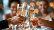 Close-up of a festive toast with sparkling champagne in elegant glasses held by smiling people in a warm, bokeh-lit ambiance suggesting celebration.