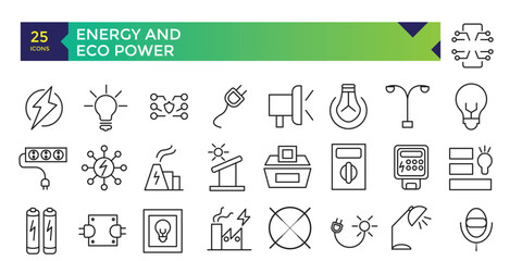 Energy and ECO Power Icon Set In Outline Style. Green Energy, Renewable Energy and Other Icons