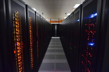Poster - a row of servers in a high-capacity data center, supercomputers competing in a processing speed race