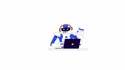 Poster - Robot working on laptop line 2D character animation. Smart assistant in software development flat color cartoon 4K video, alpha channel. AI technology on internet animated person on white background