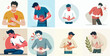 Vector set of people having stomach aches with a simple and minimalist flat design style
