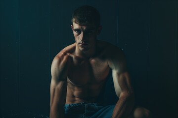 Wall Mural - young and strong man, in the gym locker room.