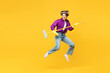 © ViDi Studio - Full body young fun woman wear purple shirt casual clothes do housework tidy up jump high hold brush broom pov play guitar jump high isolated on plain yellow background studio. Housekeeping concept.