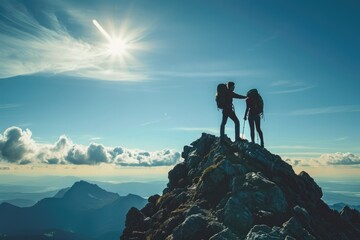 Sticker - Two People Standing on the Summit of Mount Everest, Symbol of friendship reflected in a hiker encouraging his friend to aim for the top, AI Generated