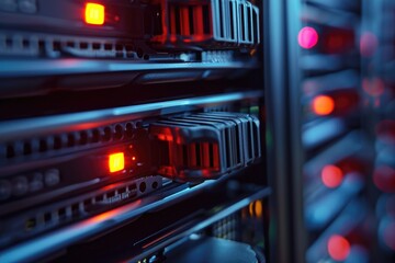 Poster - A row of computer servers brightly illuminated with red and yellow lights, Symbolic representation of the storage capacity of a NAS device, AI Generated