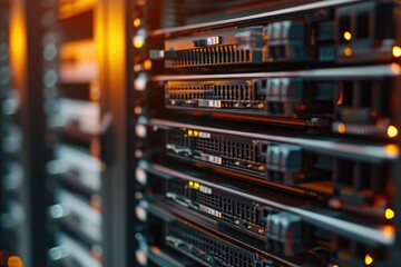 Aufkleber - A neat row of modern servers, displaying blinking status lights, in a meticulously organized server room, Symbolic representation of the storage capacity of a NAS device, AI Generated