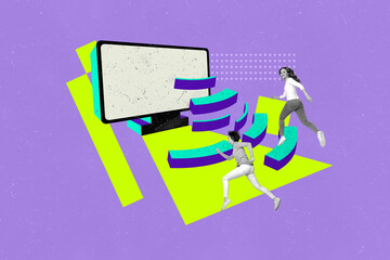 Poster - Creative picture collage two young girls run towards broadcasting screen display wifi internet signal addicted social media users